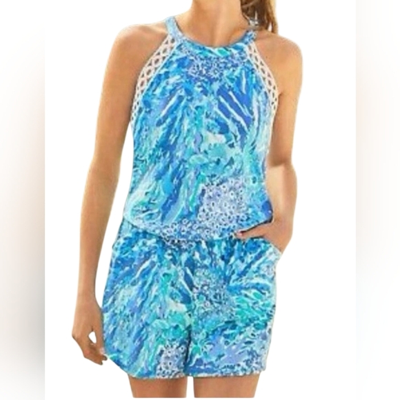 Lilly Pulitzer Pants - Lilly Pulitzer NWT Lala Romper Haven Hey Hey Soleil Blue White Size Large 001702